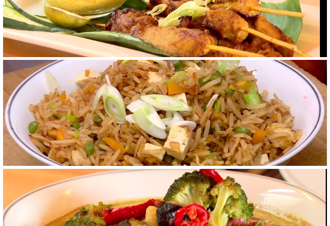 Thai Green Curry, Chicken Satay and Fried Vegetable Rice | Pishi Bomba